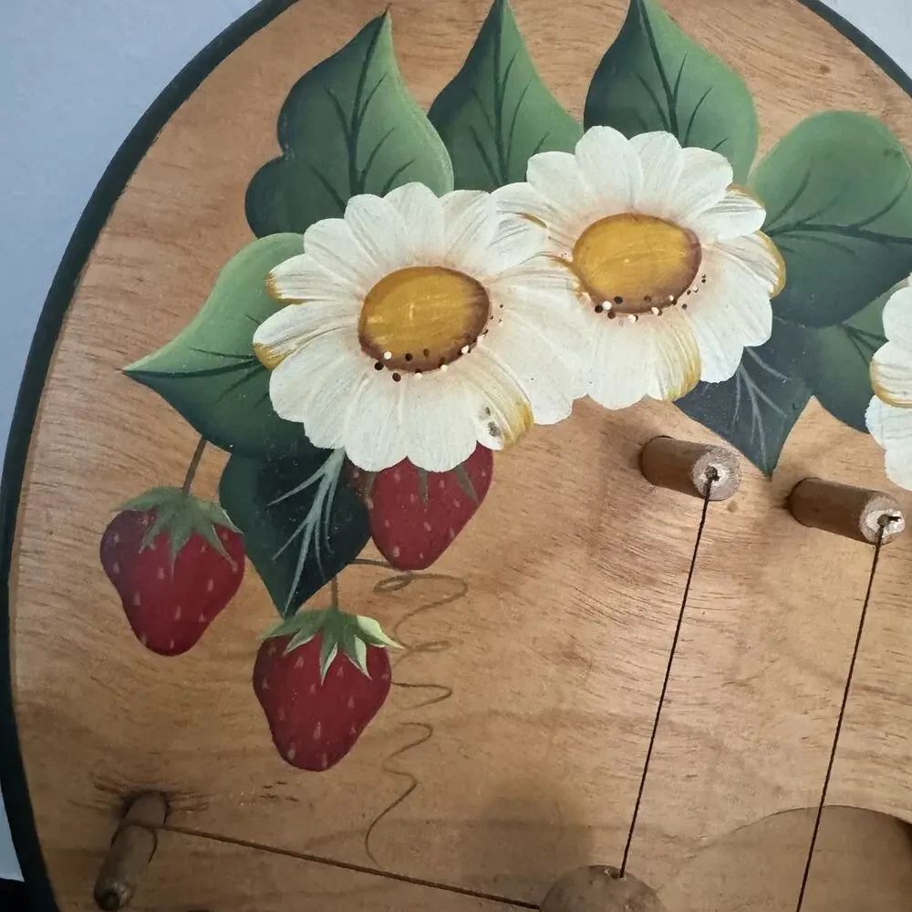 Floral Strawberries Heart Shaped Hand Painted Door Harp Chime Vintage Wood
